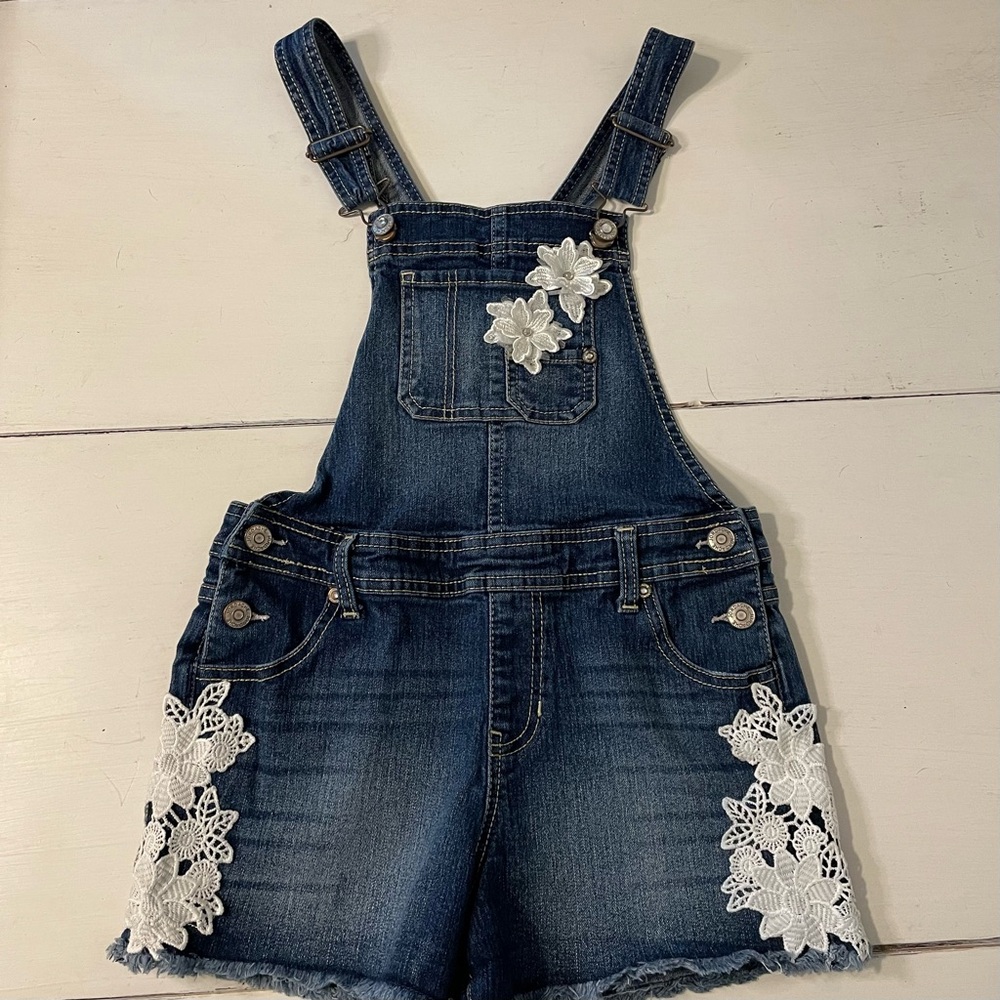 Denim Kids Overalls with White Floral Accents